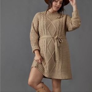 Anthropologie Amadi Leah Cable Knit Tunic Sweater Dress Brown Tan Size Large